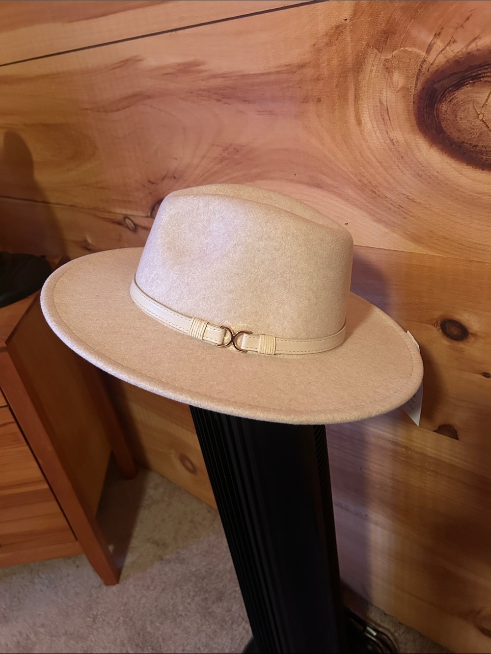 Beige Wool Felt Fedora Hat with Decorative Band